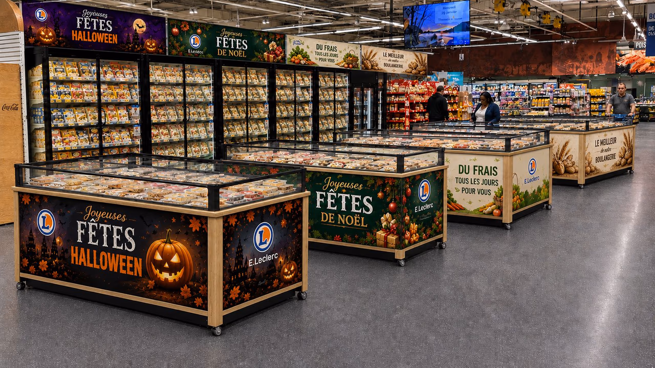 Meubles froids Boost Your Shop habillés (Halloween, Noël, automne) alignés en rayon E.Leclerc